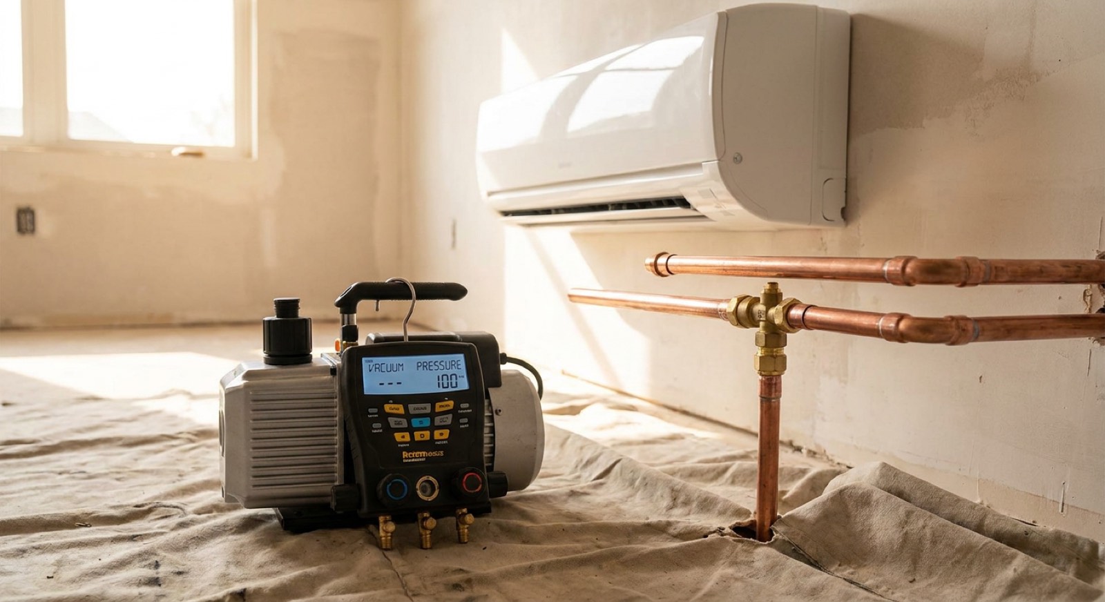 Manifold gauge and copper pipework during a precise installation